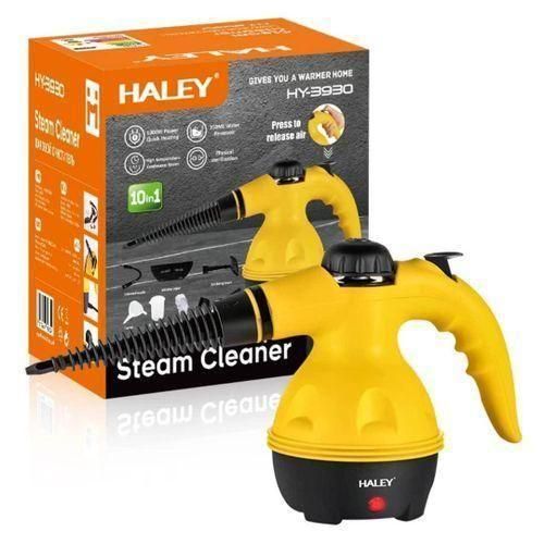 Handheld yellow steam cleaner with black nozzle and trigger