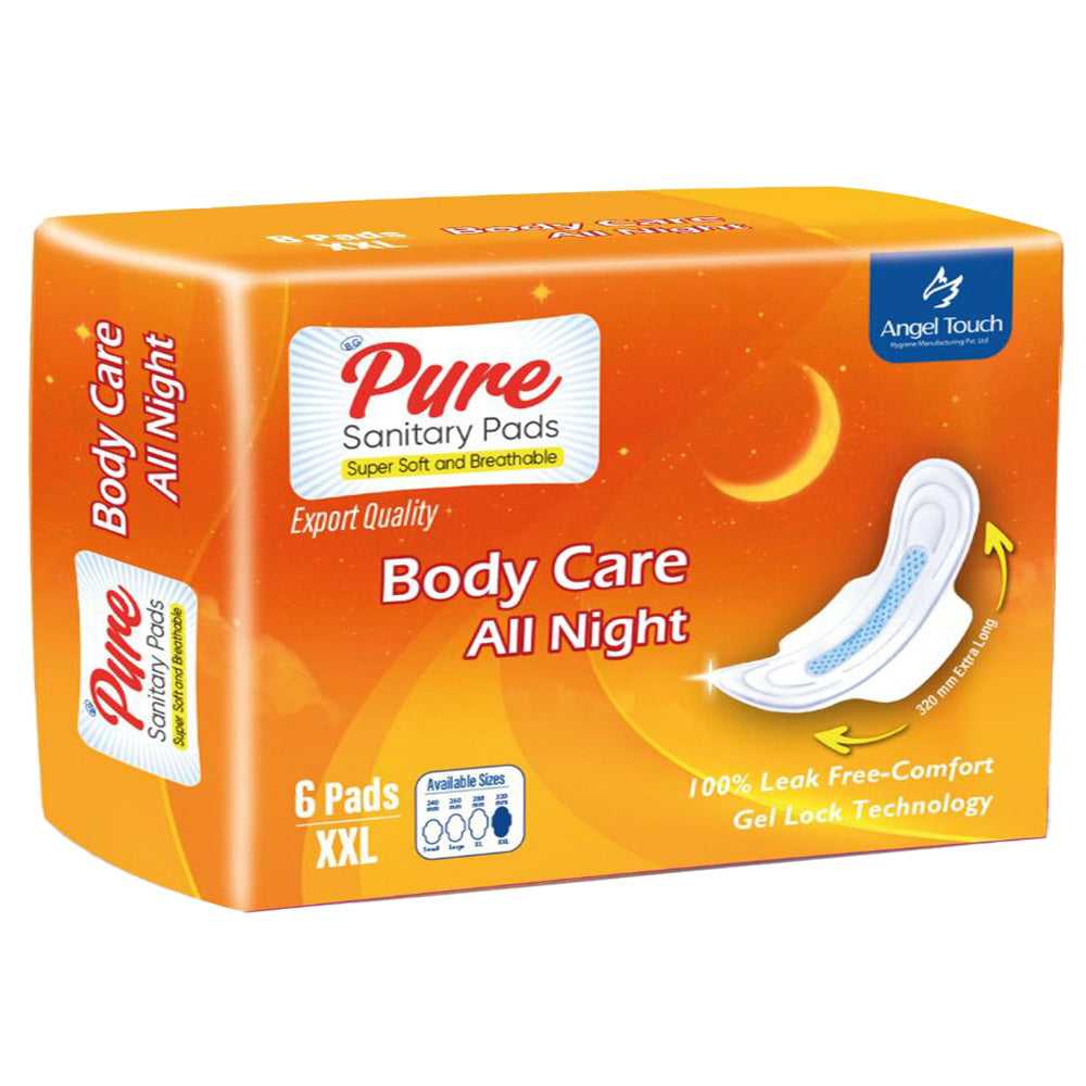 Orange Pure sanitary pads box with XXL All Night design and 6 pads label