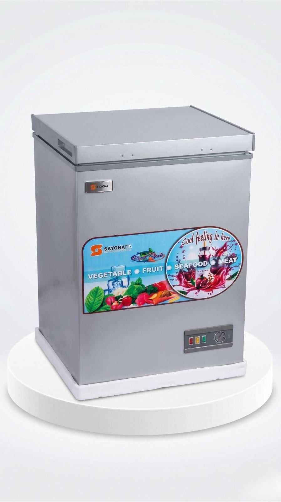 Gray chest freezer with hinged lid and digital control panel