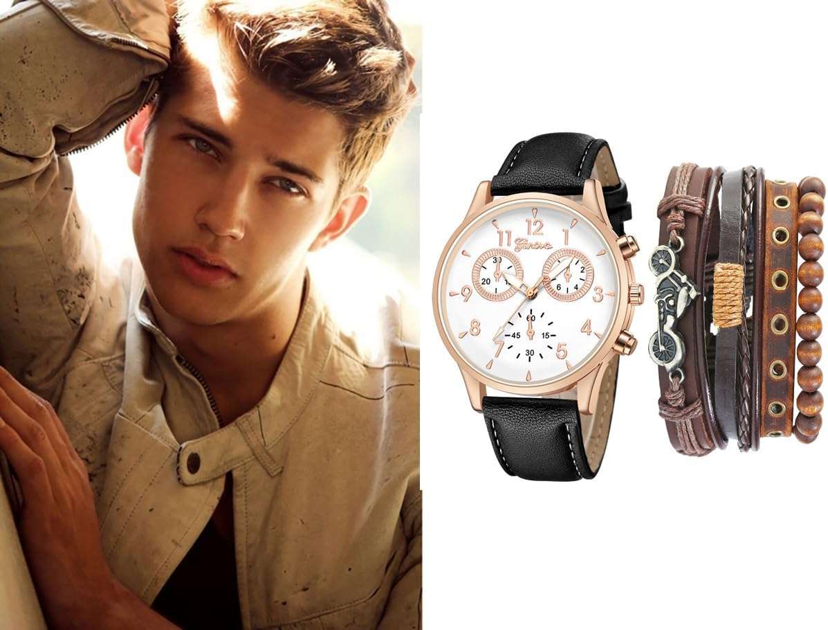 Fashion Mens Watches with Bracelet Gifts Set, Business Wrist Watches for Men Leather Strap Simple Watch for Man