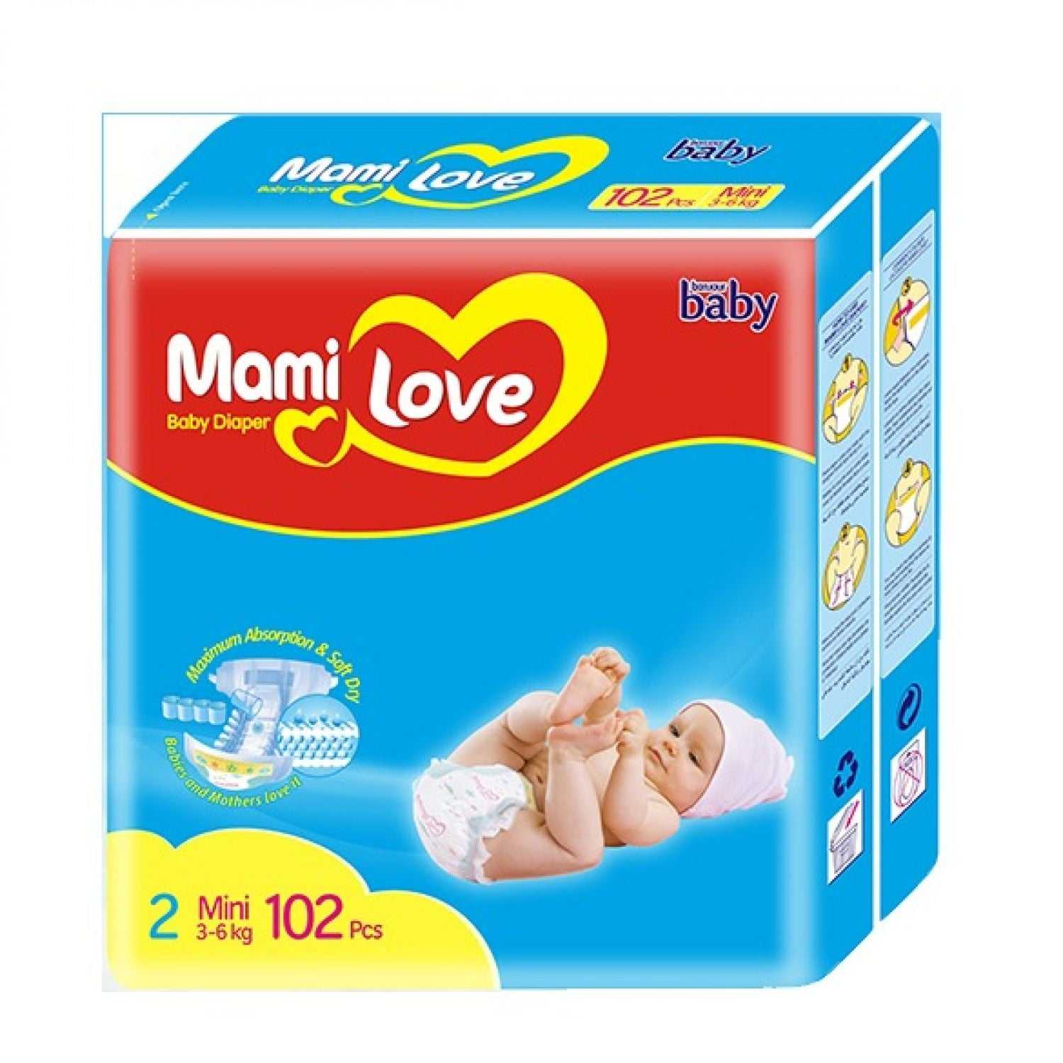 Baby diaper pack box with red heart logo and Mini 102 count, blue trim