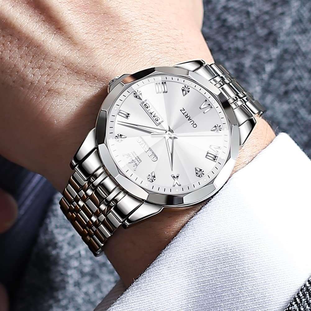 OLEVS Watch for Men Diamond Business Dress Analog Quartz Stainless Steel Waterproof Luminous Date Two Tone Luxury Casual Wrist Watch