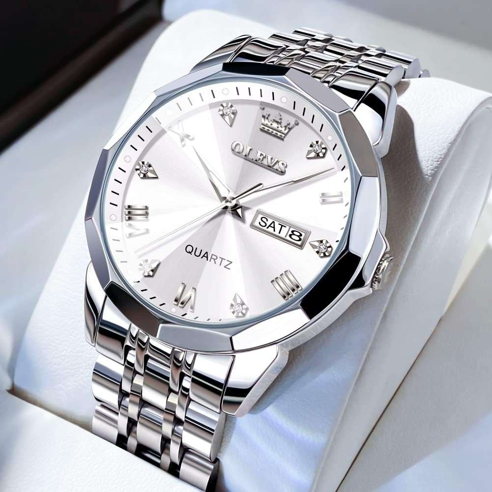 OLEVS Watch for Men Diamond Business Dress Analog Quartz Stainless Steel Waterproof Luminous Date Two Tone Luxury Casual Wrist Watch