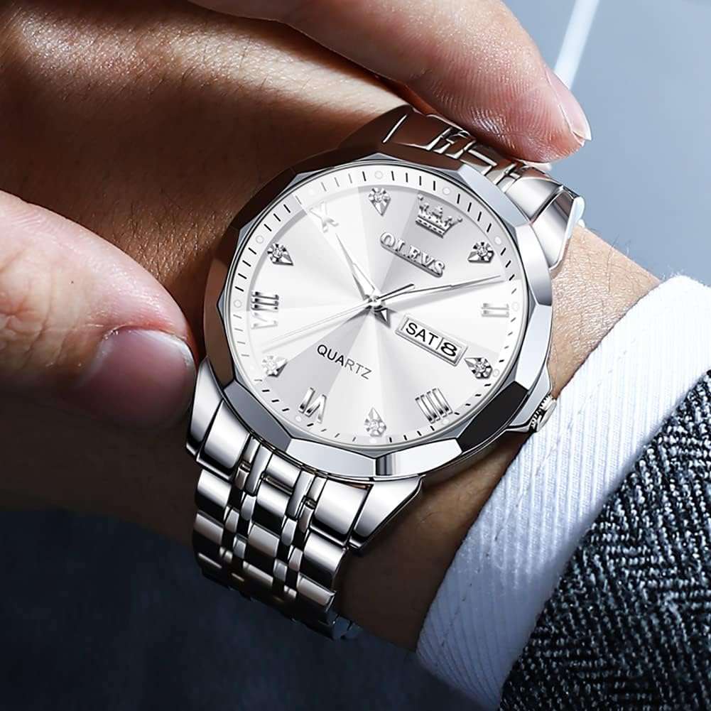 OLEVS Watch for Men Diamond Business Dress Analog Quartz Stainless Steel Waterproof Luminous Date Two Tone Luxury Casual Wrist Watch