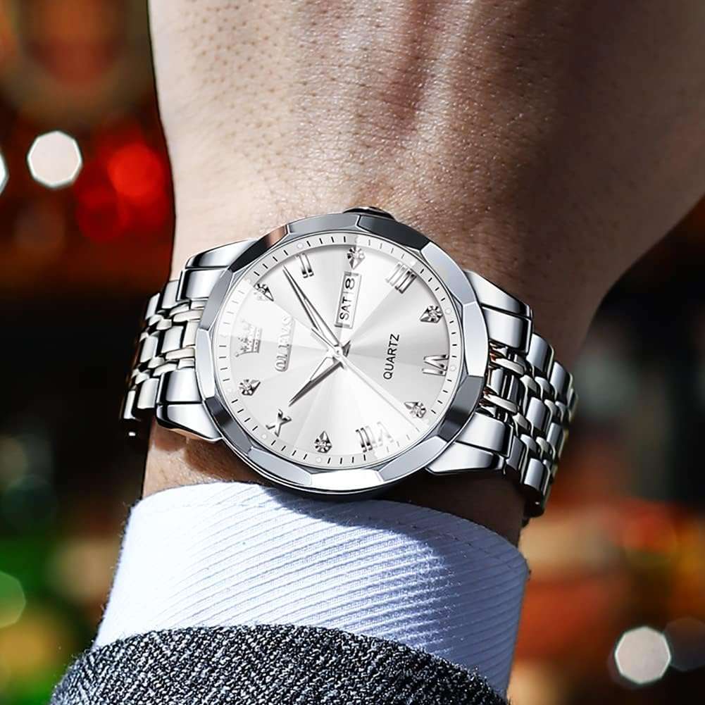 OLEVS Watch for Men Diamond Business Dress Analog Quartz Stainless Steel Waterproof Luminous Date Two Tone Luxury Casual Wrist Watch