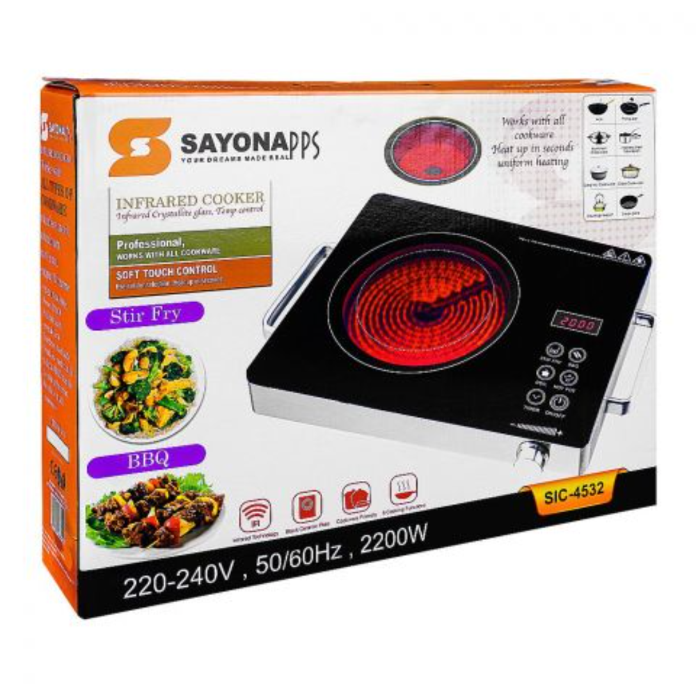 Infrared cooker SIC-4532 box with image of red heating coil and control panel