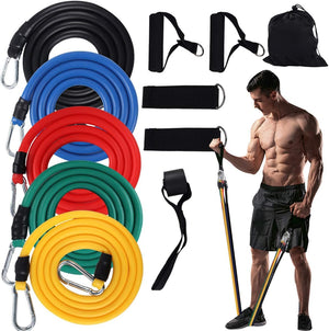 Portable Exercise 11Pcs Resistance Band Set Stackable Up to 150 Lbs (5 Stackable Exercise Bands with Door Anchor, Ankle Straps Carrying Case) Exercise Stretch Fitness Home Set