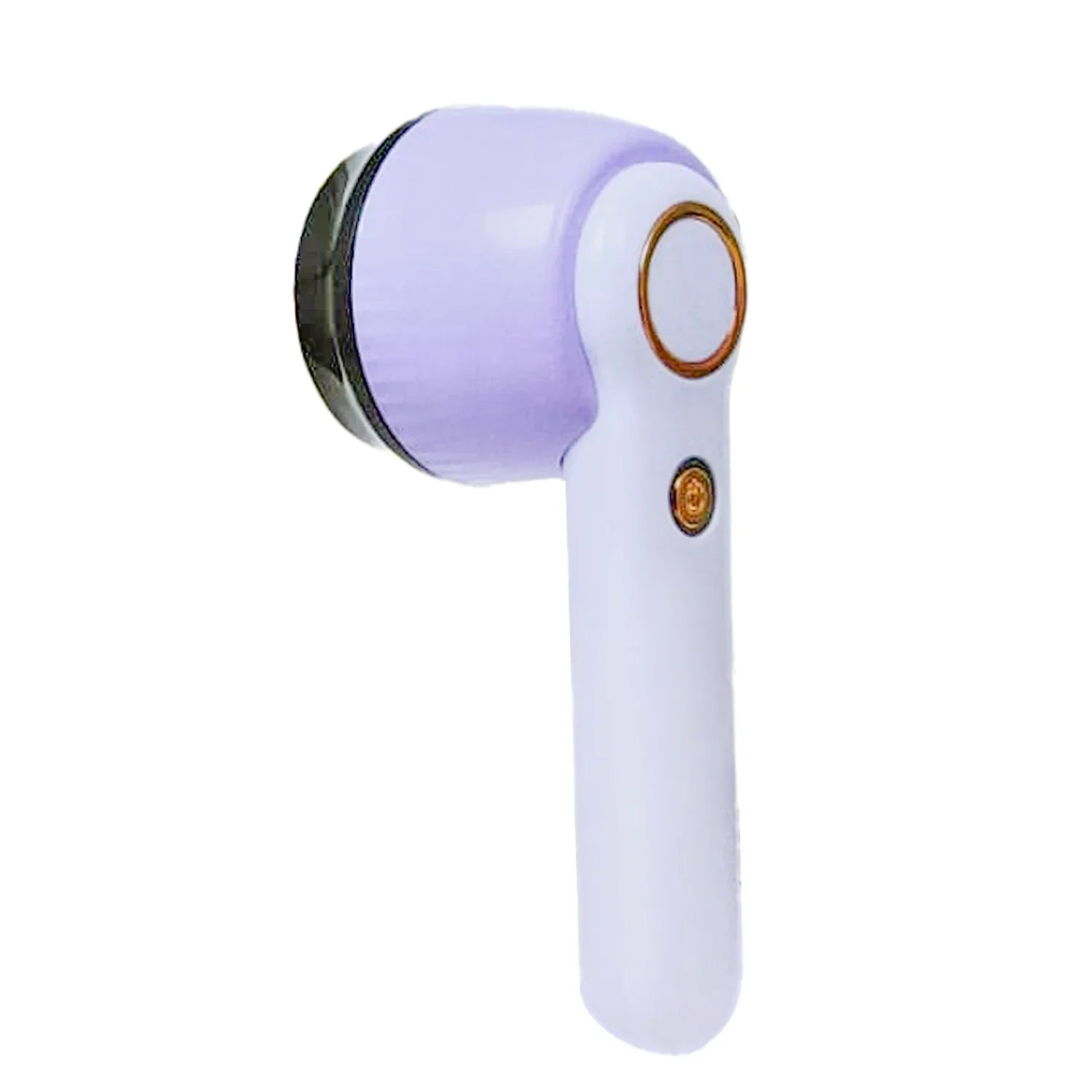 Handheld hair ball trimmer, lavender and white body with black trimming head and gold button.
