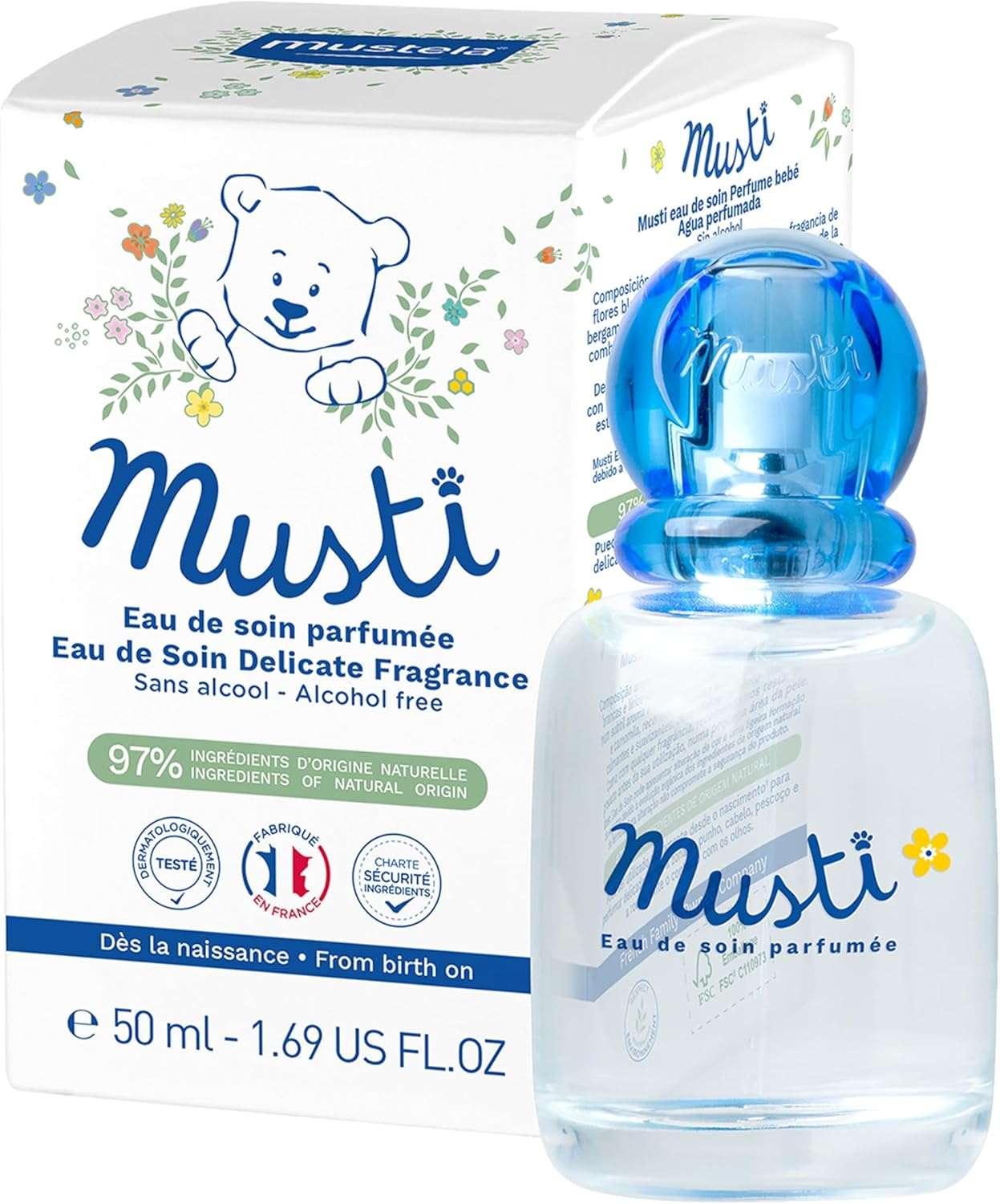 Mustela Musti Eau de Soin Parfumee - Delicate Fragrance for Boys & Girls - with Chamomile & Honey Extracts - AlcoholFree - 50ml