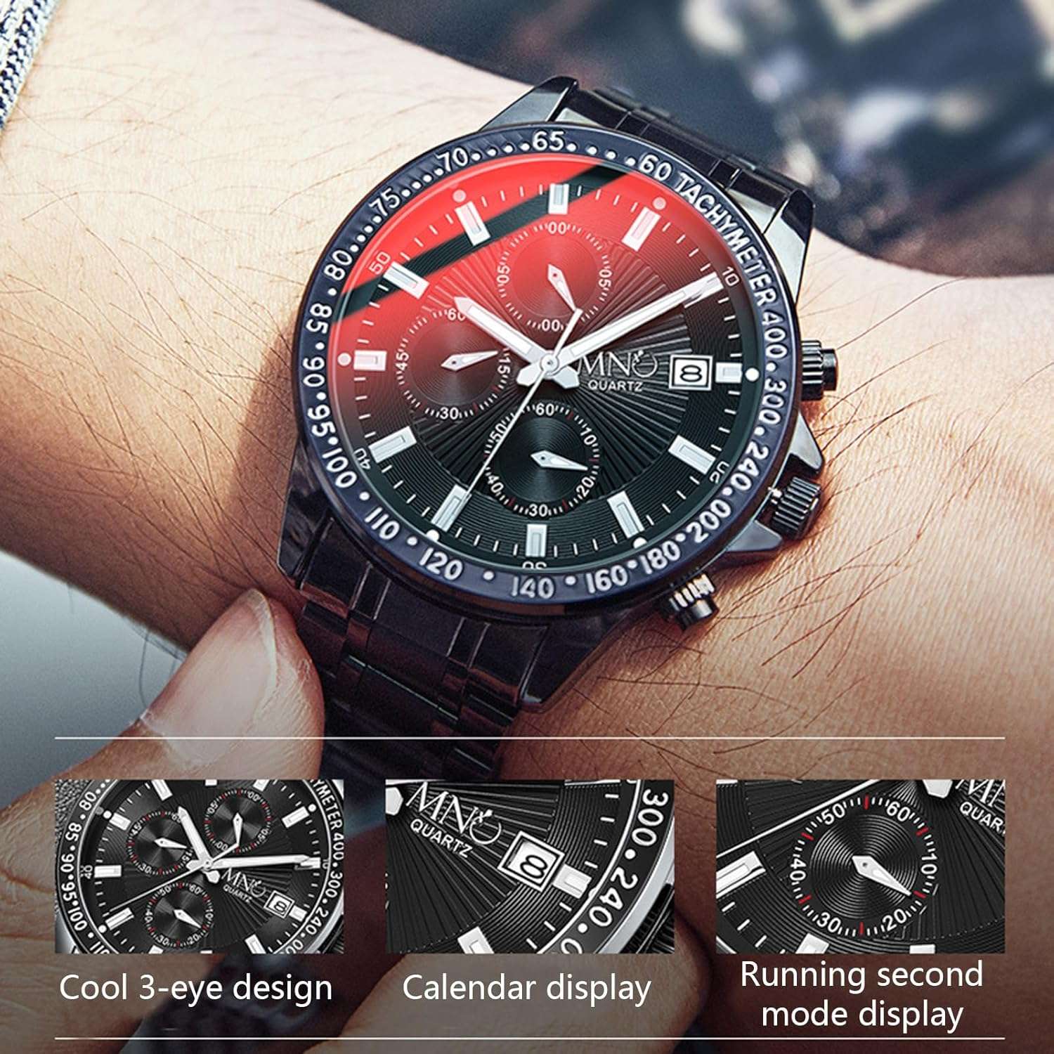 【TTQK】Men's quartz watch cool reflective mirror stainless steel strap fashion multifunction watch 3ATM luminous display chronograph calendar date watch