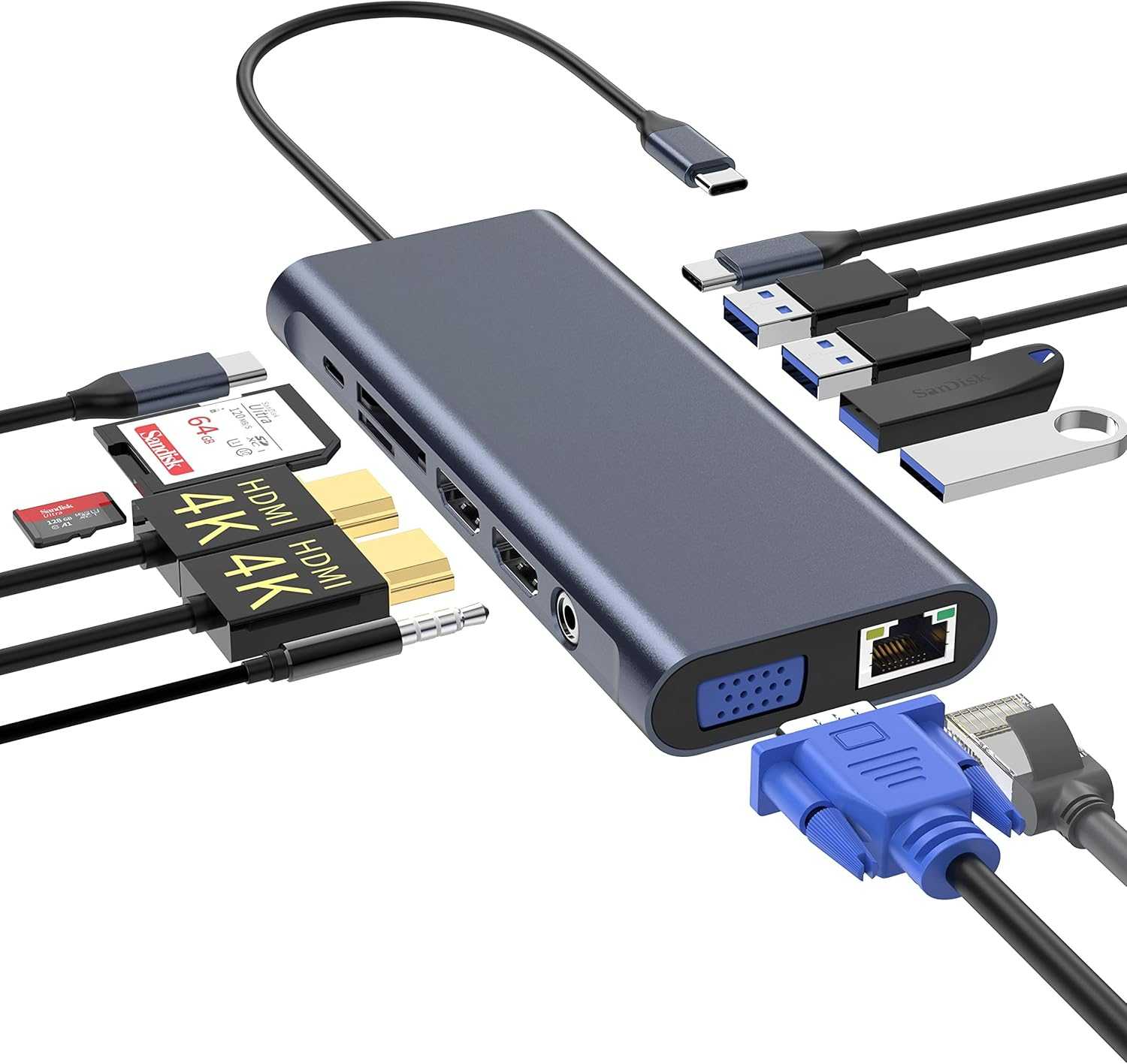 TYPE-C TO HDMI/ Docking Station Hub  4K HDMI, Ethernet, VGA,Audio, USB3.0 TF/SD