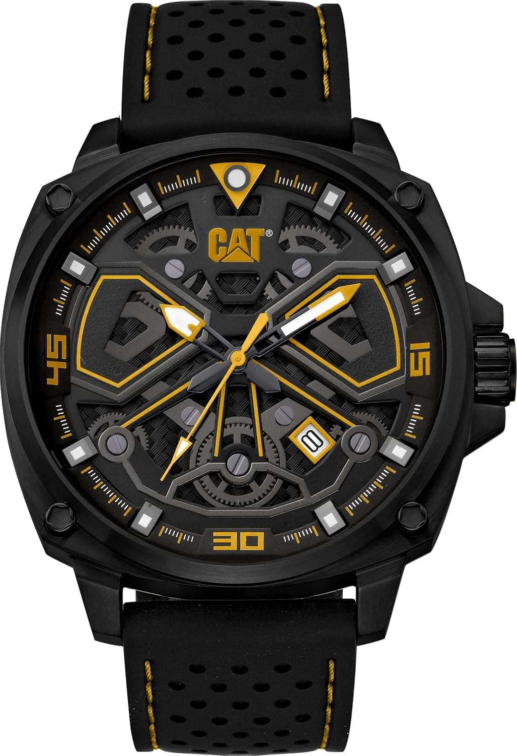 Caterpillar CAT 'Tokyo' Men Watch, 44mm case, Black face, Stainless Steel case, Silicone Strap, Black/Yellow dial (AJ.161.21.127)