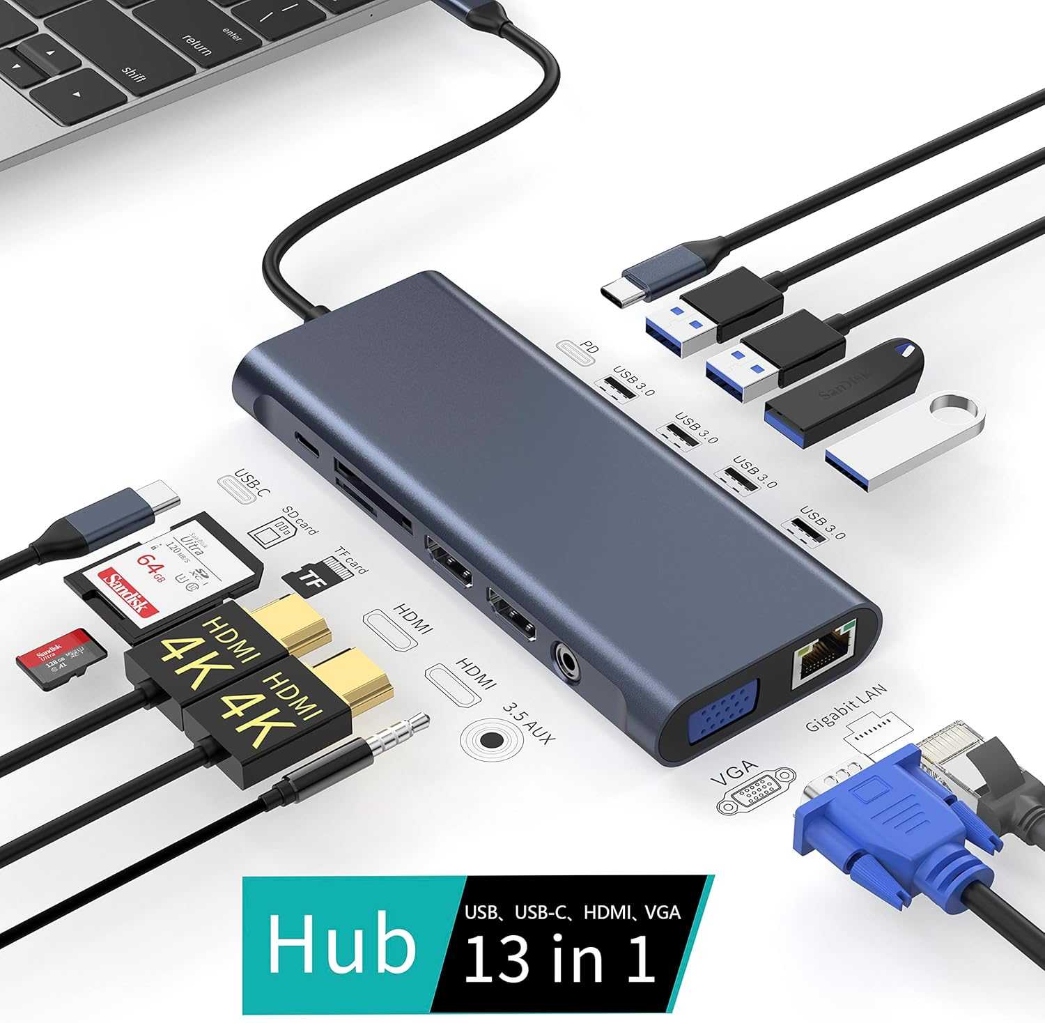 TYPE-C TO HDMI/ Docking Station Hub  4K HDMI, Ethernet, VGA,Audio, USB3.0 TF/SD