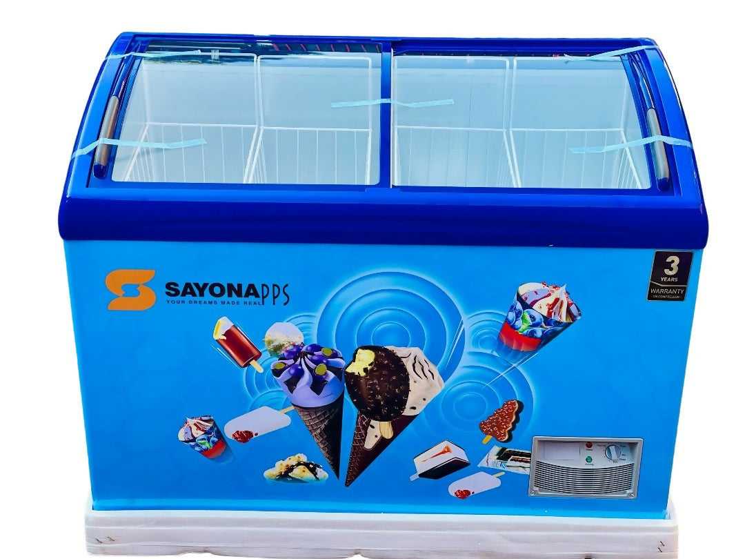Blue commercial deep freezer with curved glass lid and internal storage area