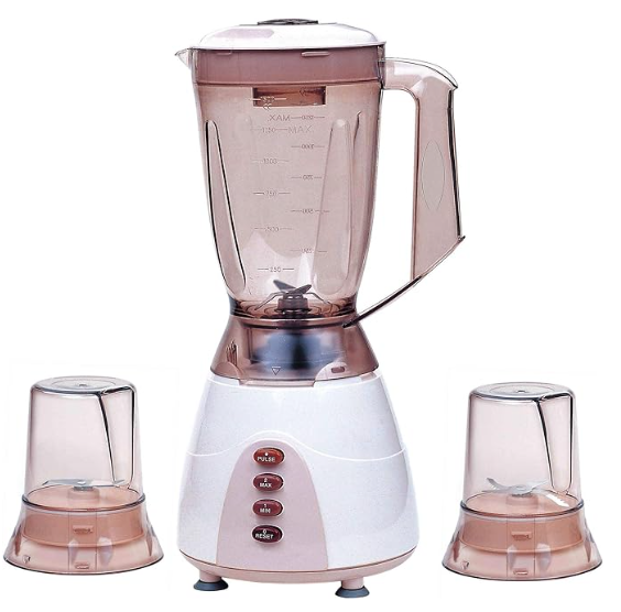 Sayona 3-in-1 blender with 1.5L glass jar, white base, and red control buttons