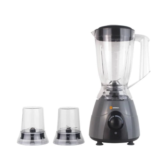 Sayona blender base with two clear blending cups, black and silver jar