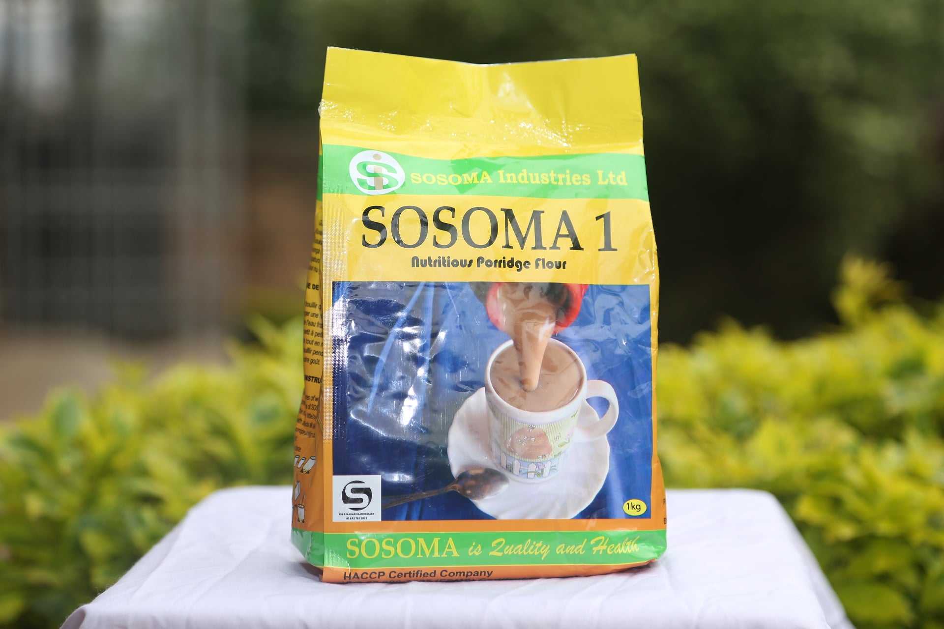 Sosoma No. 1 porridge flour bag, yellow pack with blue nutrition label