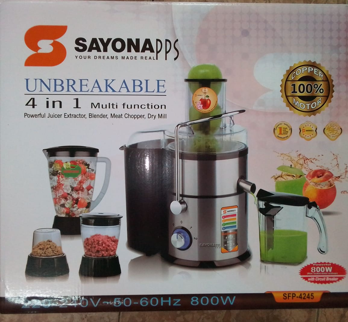 SAYONAPPS 4-in-1 juicer blender retail box, copper 100% motor, 800W