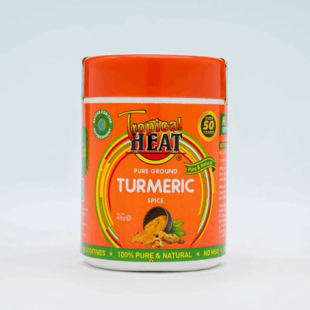 Turmeric spice container with orange label and Tropical Heat branding, 45 g jar