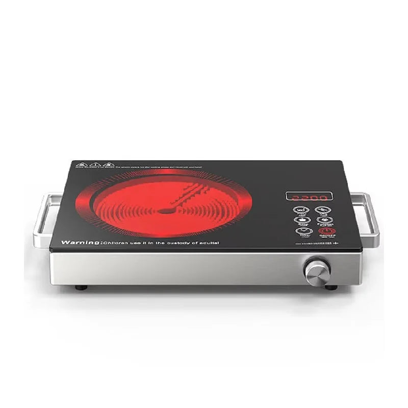 Infrared cooker SIC-4532, red heating coil on black glass top, silver base