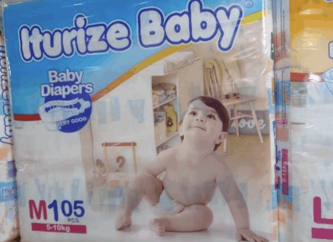 Iturize Baby diapers package with M105 size label and 5–100 count