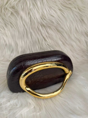 Dark Brown Croc-Texture Ring Handle Handbag