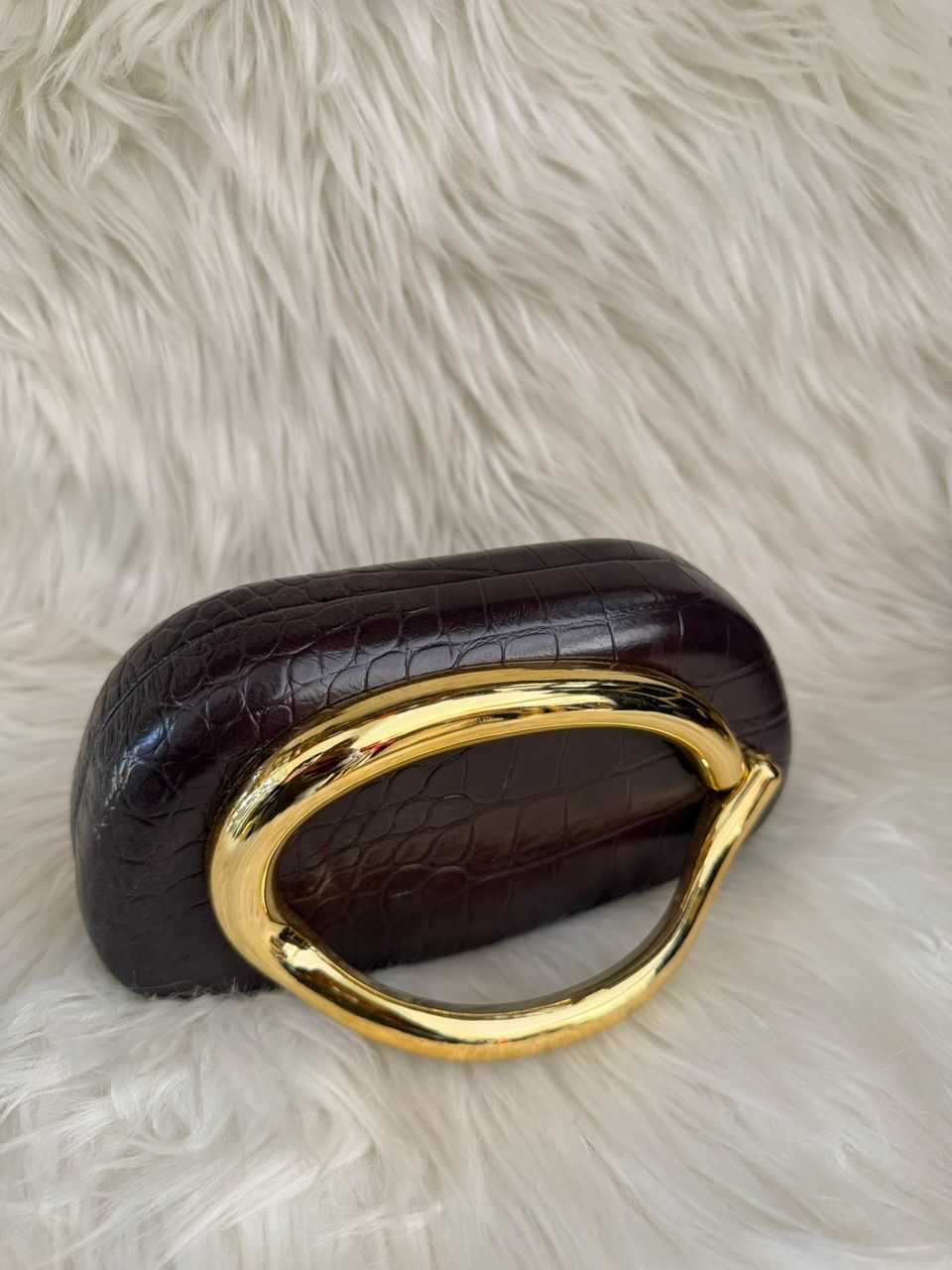 Dark Brown Croc-Texture Ring Handle Handbag