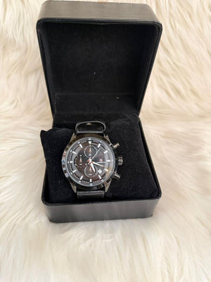 Black Leather Chronograph Wrist Watch
