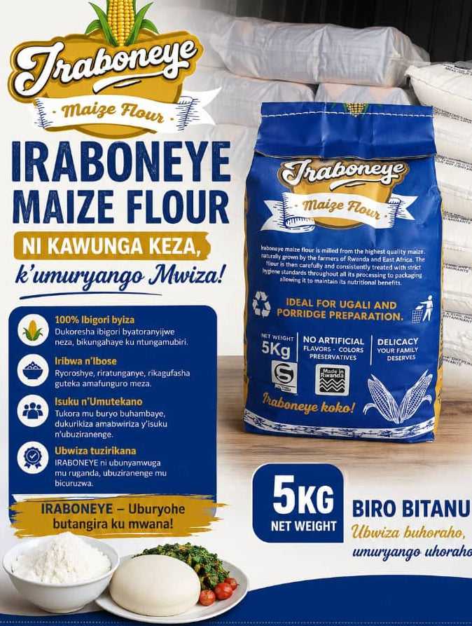 Blue and white 5 kg maize flour bag with front label