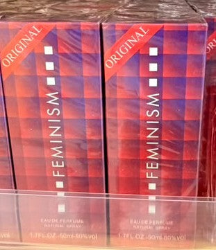 Feminism perfume box with red-blue checkered design and vertical FEMINISM text