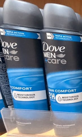 Dove Men+Care clean comfort 24H antiperspirant spray, blue and dark label canisters