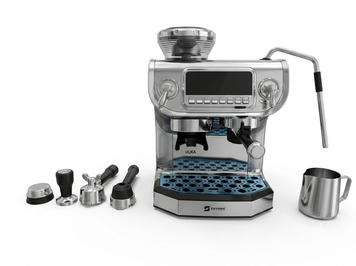 Stainless steel espresso coffee maker with display, steam wand, drip tray, and included accessories