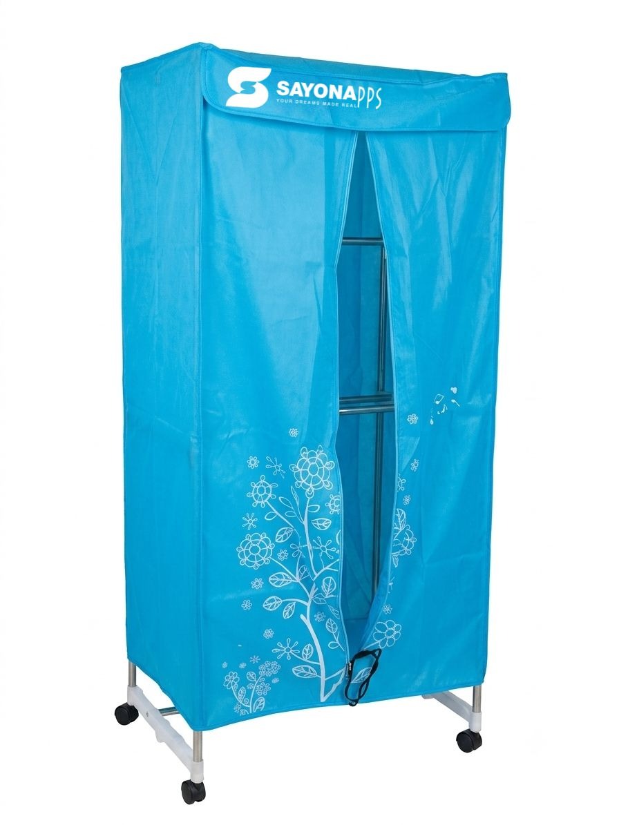 Blue fabric electric clothes dryer cover with zipper front and printed snowflake design
