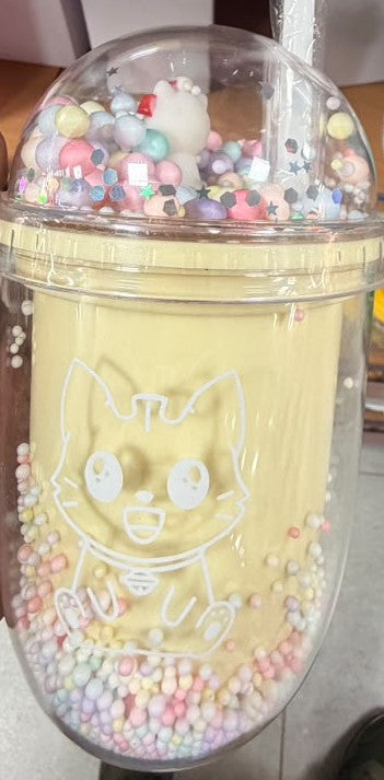 Plastic drink cup with domed lid and straw, cat face print and multicolor beads
