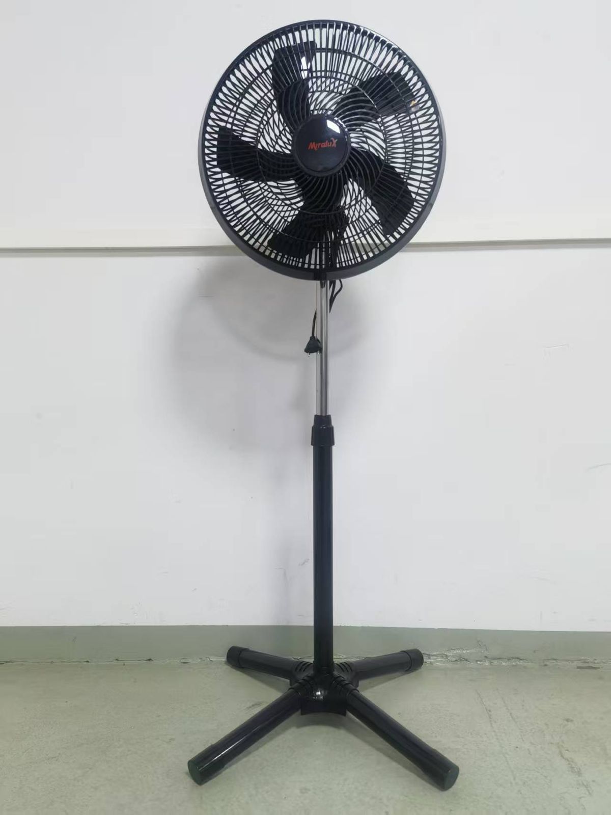 Black 16-inch stand fan with four-blade grille and height pole