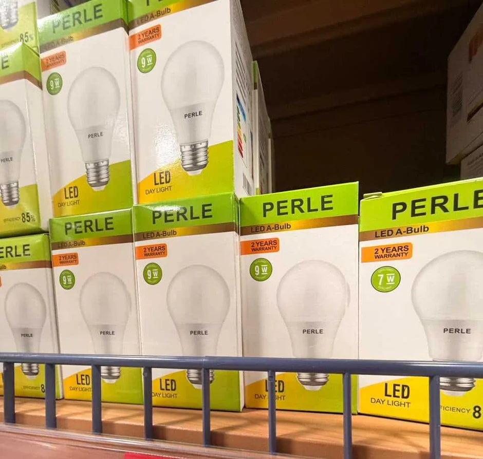 PERLE LED A-bulbs boxed in rows, 7W and 9W LED day light labels visible