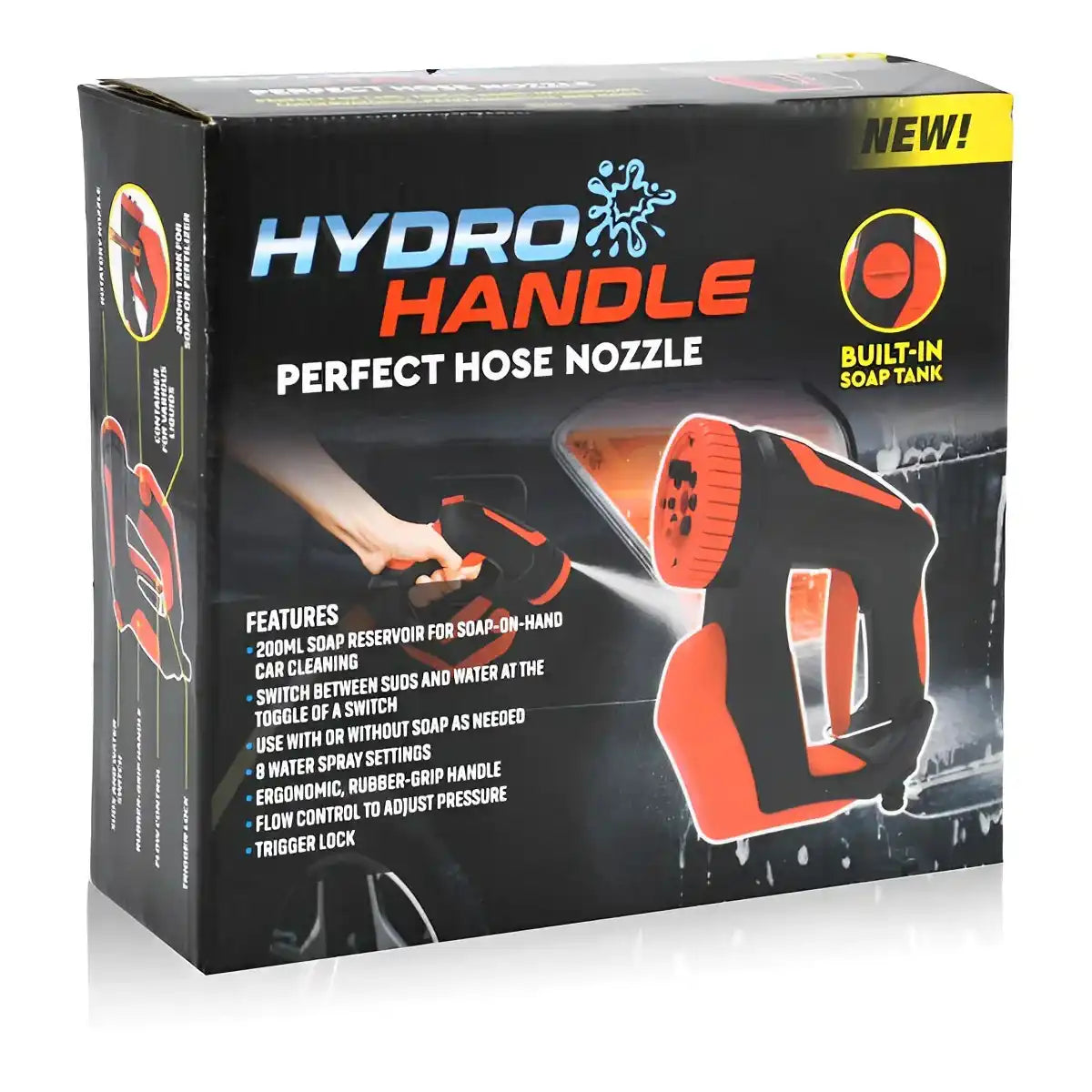 Hydro Handle Perfect hose nozzle box, orange-and-black trigger handle, soap built-in