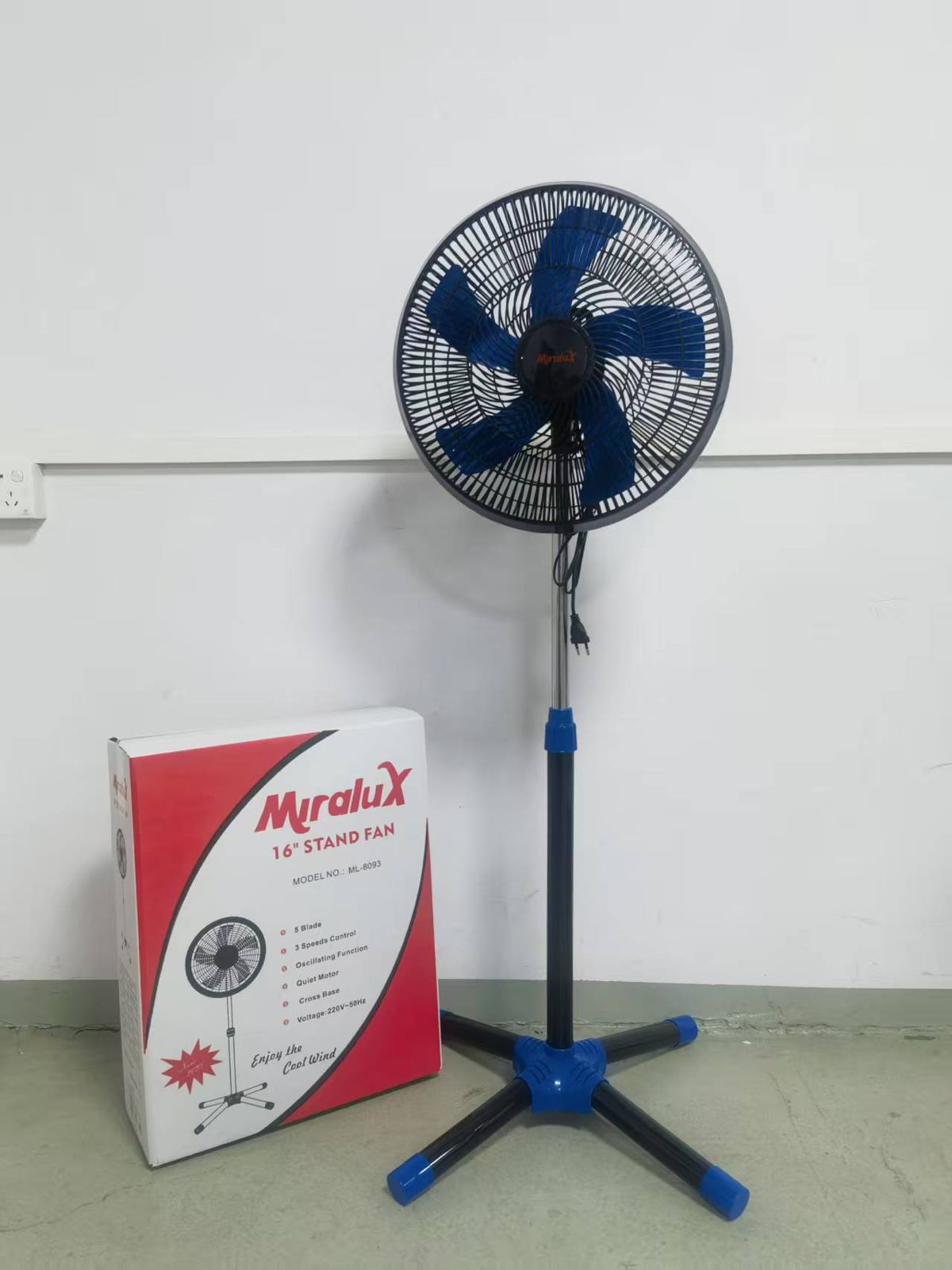 16-inch stand fan with blue and black blades and circular metal grille