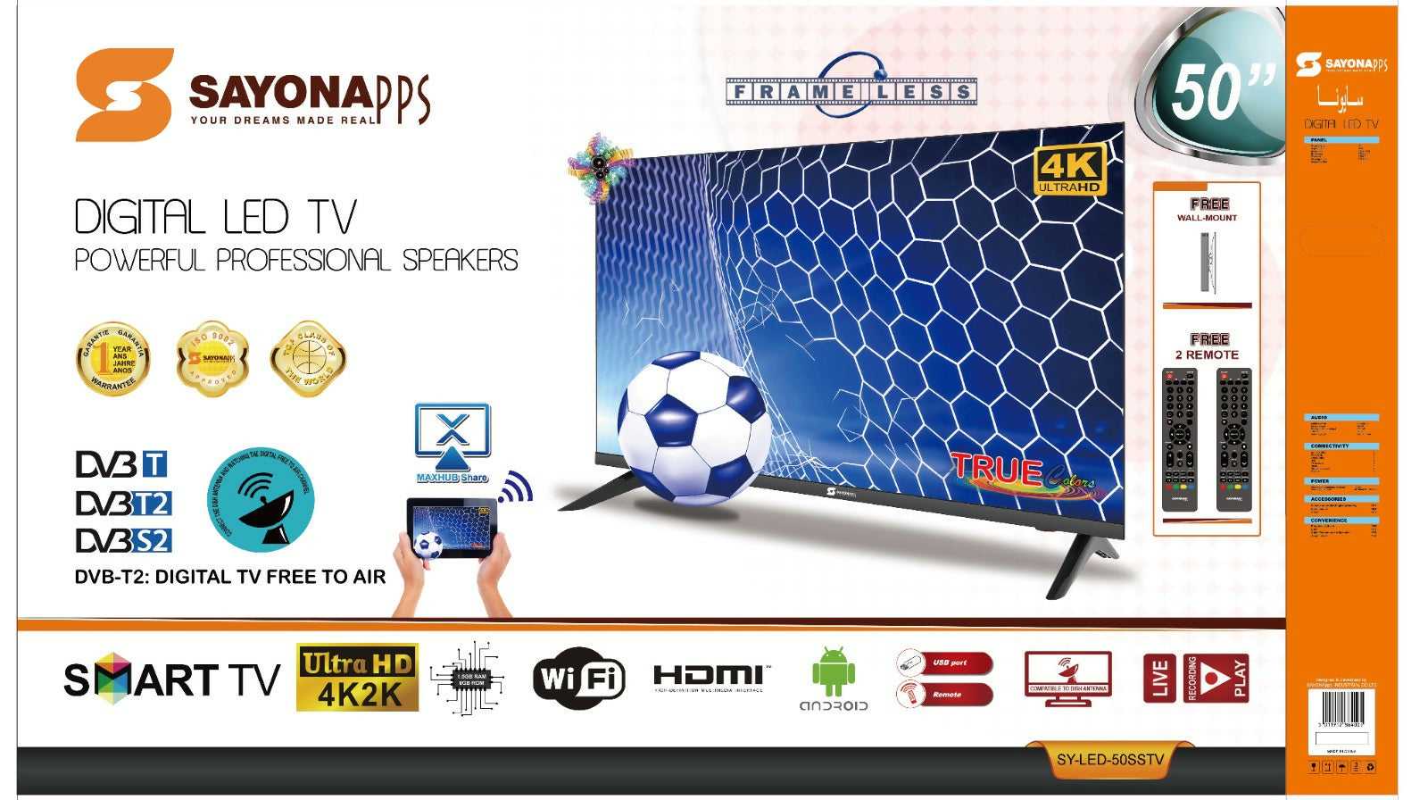 50-inch digital LED TV box showing 4K WiFi and soccer screen graphic
