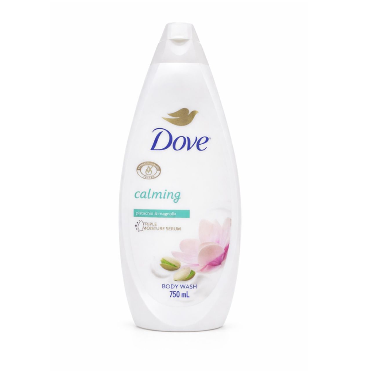 Dove calming body wash 750 ml bottle with floral moisturizing serum graphic