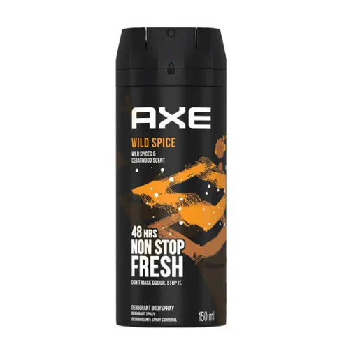 AXE Wild Spice deodorant body spray can, dark black with orange spice graphics