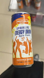 Sparkling energy drink can, 250 ml, alcoholic beverage, orange and blue label