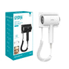 Wall-mounted hair dryer with coiled cord, white and gray body