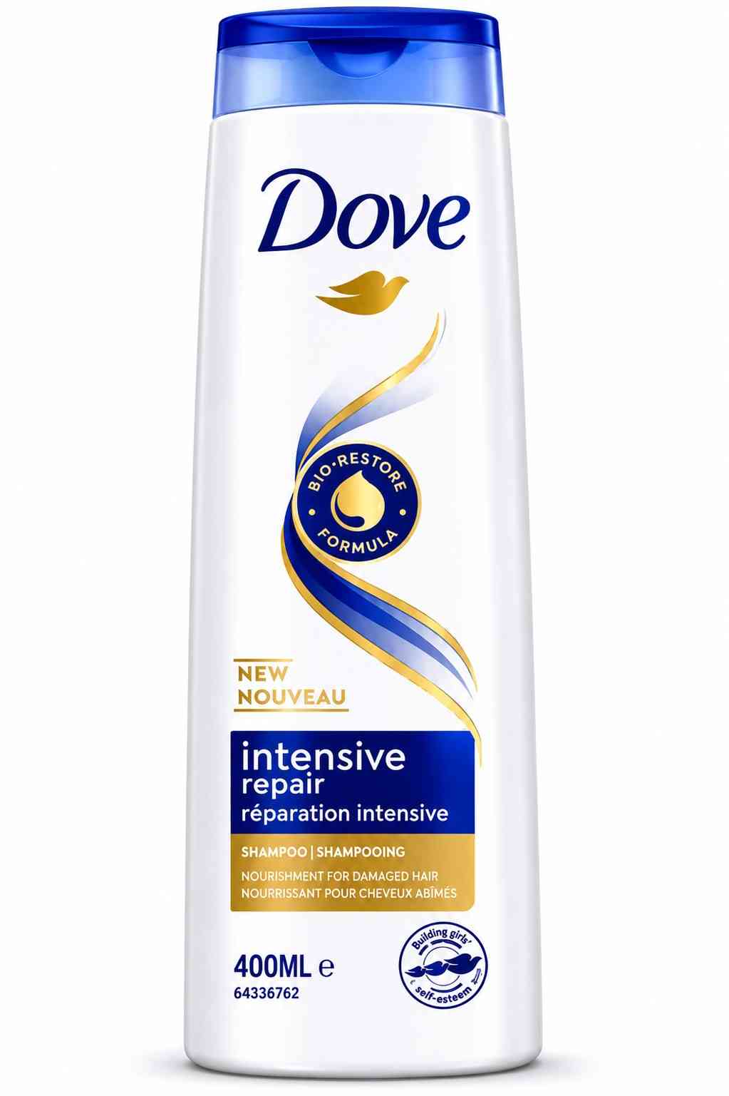 White Dove Intensive Repair shampoo bottle with blue cap, 400 mL