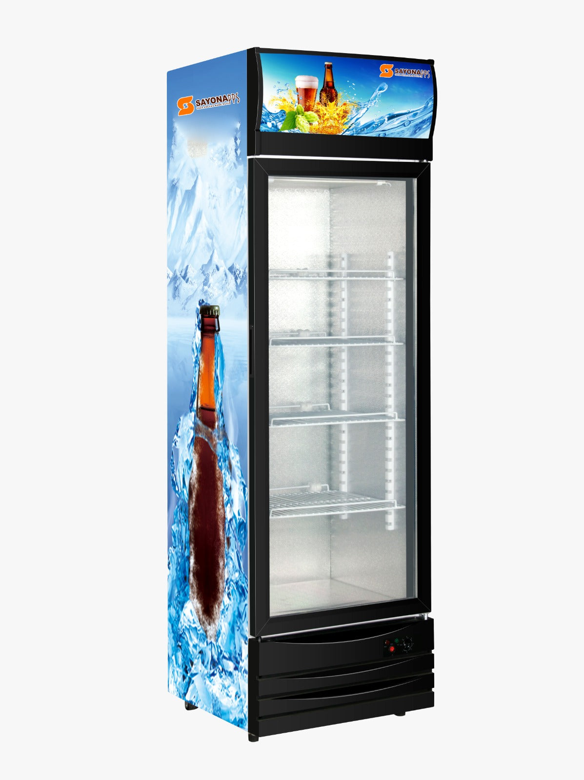 Upright showcase chiller freezer with glass door and internal wire shelving, black frame