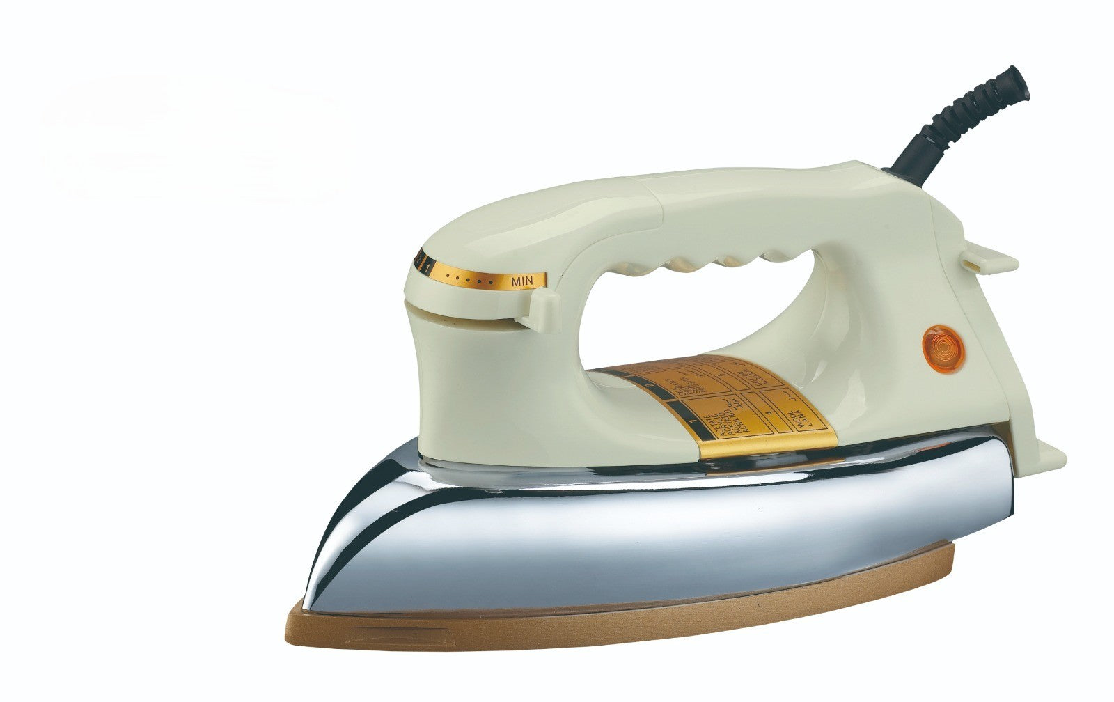 Cream dry iron with chrome soleplate and black power cord, 1000W-1200W