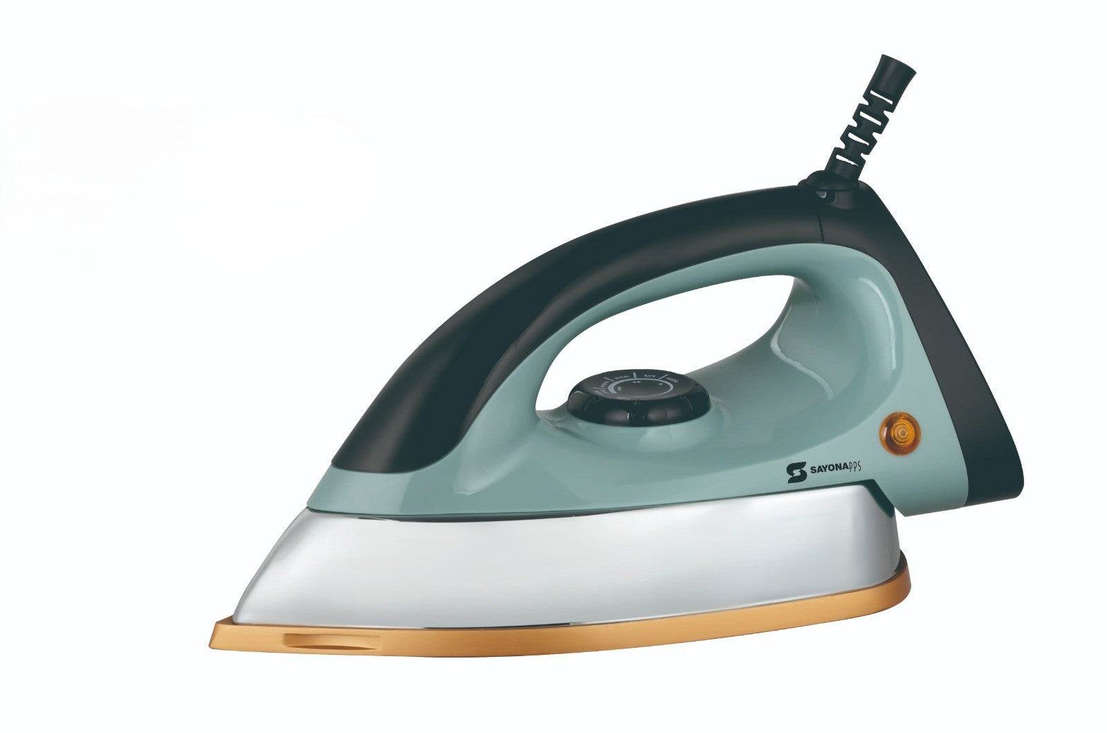 Teal and light gray dry iron with gold soleplate and black cord
