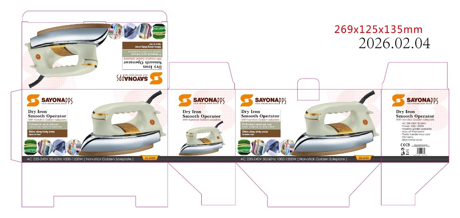 SAYONA dry iron 1000W-1200W on retail package with product icons
