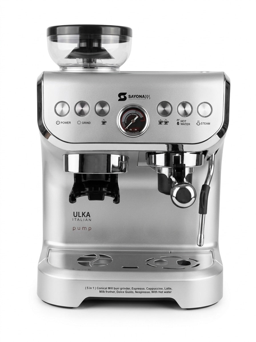 Stainless steel capsule coffee maker with front control panel and brew dial