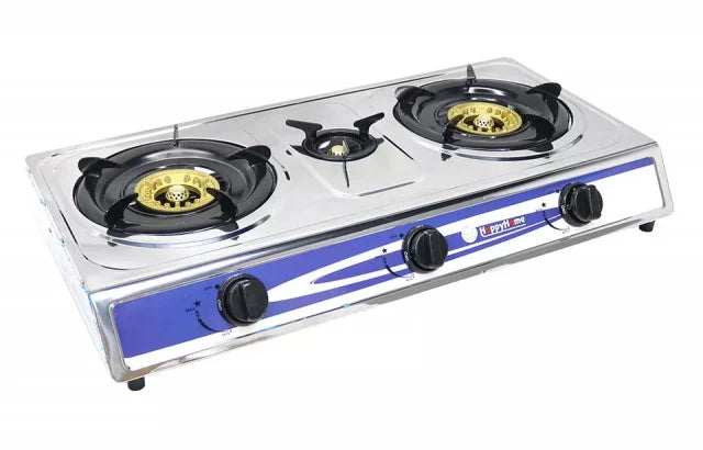 Portable two-burner gas stove, silver top with blue base and three control knobs